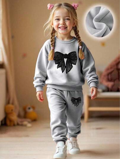 Sparklyn 2 piezas Conjunto informal de sudadera y pantalón de chándal para niñas jóvenes, con diseño minimalista de lazo con efecto de lentejuelas falsas, suave y cómodo, para otoño/invierno