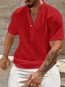 HIMLAND Men's Loose Solid Color Notch Collar Button Casual Short Sleeve Shirt Men Linen Shirts Men Summer Button Shirts Short Sleeve Men Shirt Big And Tall Men Henley Shirts Men Summer Top