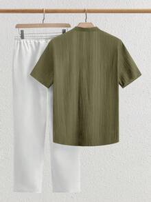 HIMLAND 2pcs/Set Men's Casual V-Neck Mandarin Collar Short Sleeve Shirt Set Men Linen Set Men Casual Sets Europe Summer Outfits For Men Set Men Shirt Co Ords Khaki Men Set