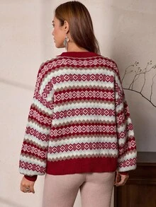 Áo len thường ngày Jacquard nhiều màu kiểu phương Tây dành cho nữ, LanaWest - Đỏ - Xem 2