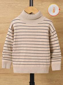 SHEIN 男童可爱百搭条纹高领长袖针织衫，舒适百搭，保暖内衬，适合返校季、校服穿着，男童条纹高领毛衣，男童秋冬服装 - 彩色 - 查看 4