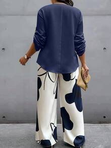 EMERY ROSE Bộ 2 món áo cổ khoét màu trơn thường ngày cỡ lớn và quần in hoa, mùa thu - Nhiều màu - Xem 2