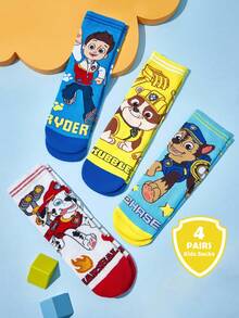 SHEIN | PAW Patrol 4 双棉质柔软透气吸湿排汗儿童男童中筒袜彩色可爱卡通中筒袜加固脚趾和脚跟，经久耐用男女通用适合男孩和女孩所有季节百搭学校和户外夏季冬季、狗、骑手、追逐、废墟 - 彩色 - 查看 2