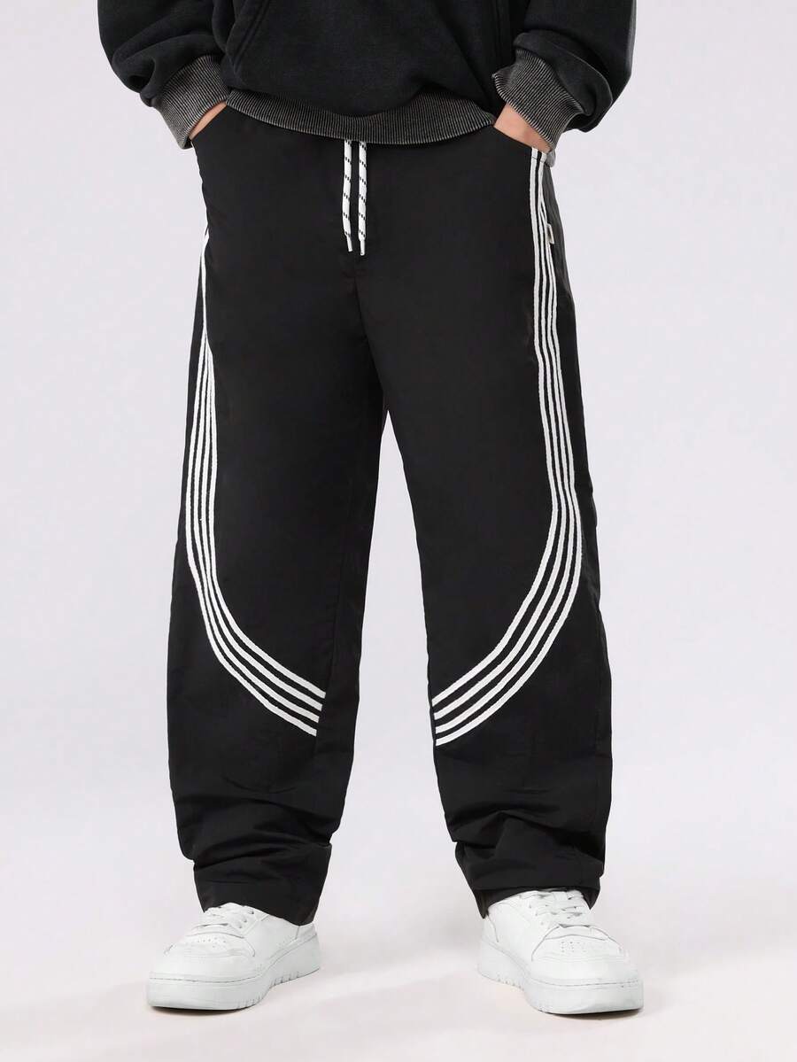 SUMWON 青少年男孩运动裤，白色条纹运动慢跑风格，撞色拼接细节，弹性袖口，运动裤，休闲羊毛，保暖冬季 - 黑色 - 查看 1