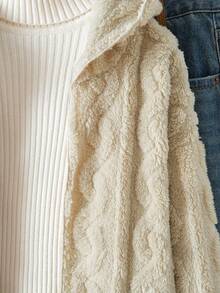 青少年女孩休闲百搭百搭家居服和学校日常粗针织条纹毛绒领前开中长款秋冬夹克 - 卡其色 - 查看 5