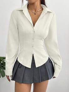 Flirla Áo sơ mi nữ màu trơn đơn giản, đa năng, thắt eo - Kem - Xem 6