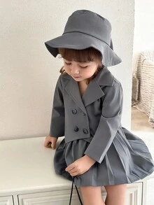 SHEIN 3pcs/Set Baby Girl British Style Grey Jacket Outfit - Double-Breasted Blazer, Pleated Skirt, And Hat Fall Winter - Grey - View 4