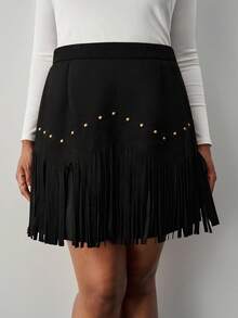 SHEIN Tall CURVE Falda A-Line negro con remaches y flecos estilo hippie vintage para mujer de talla grande, falda de otoño e invierno, atuendos de Nashville, falda de pirata