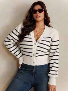 Elaquor 秋季大码休闲通勤条纹开衫 - 藍白色 - 查看 6