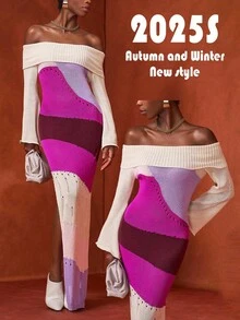 Zivah Vestido largo de una sola manga con cuello vuelto, degradado parcial de color púrpura, blanco y vino tinto, para mujer. Vestido de punto para vacaciones de primavera y verano, fiestas de crucero, citas diarias y de celebridades de internet.