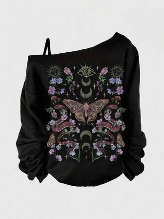 Goth Sudadera negra sexy de talla grande con gráfico oblicuo de serpiente, mariposa, planta, sol y luna, de estilo gótico, misterioso y sexy