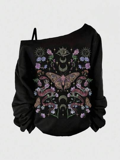 Goth Sudadera negra sexy de talla grande con gráfico oblicuo de serpiente, mariposa, planta, sol y luna, de estilo gótico, misterioso y sexy