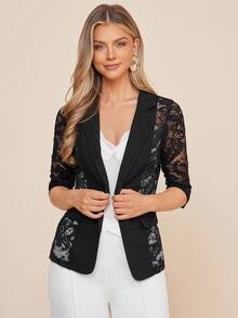 Amorya Áo khoác blazer mỏng phối ren trơn màu thanh lịch dành cho nữ mùa thu/đông - màu đen - Xem 1