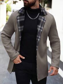 Manfinity Homme Men's Plaid Patchwork Long Sleeve Jacket, Fashionable For Autumn/Winter - Khaki - View 1