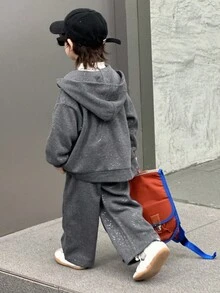 DAZY 秋季男童纯色长袖拉链连帽衫和裤子休闲套装 - 灰色 - 查看 4