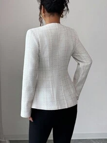 Rafferiza 优雅通勤简约时尚粗花呢格子单排扣夹克外套，新款秋冬女装金属纽扣短款夹克 - 白色 - 查看 2