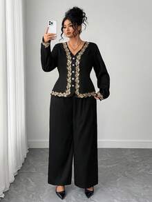 Elenzga Bộ vest thanh lịch dài tay ve màu bán chạy nhất dành cho nữ cỡ lớn, cài nút kim loại ở eo, áo khoác blazer và quần dài 2 món - màu đen - Xem 3