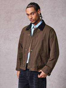 DAZY Men's Autumn Metal Claw Buckle Patchwork Collar Brown Jacket And Coat - Brown - View 6