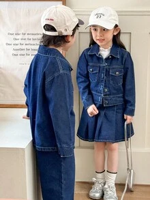 Genkimix Kids 3件套少女秋季时尚三件套：高领长袖T恤、翻领牛仔外套、百褶牛仔裙，休闲时尚街头风秋冬装 - 藍色 - 查看 4