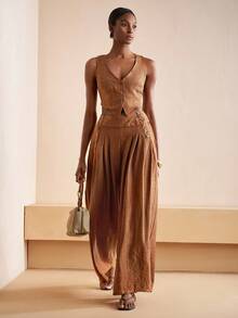 Zivah 2025夏季新款音乐节复活节母亲节婚礼生日派对日常出游基础百搭休闲度假邮轮旅行沙滩海边日光浴网红爆款街头风优雅通勤商务休闲V领无袖修身开衫女背心宽松阔腿裤纽扣口袋百褶女两件套 - 鏽棕色 - 查看 6