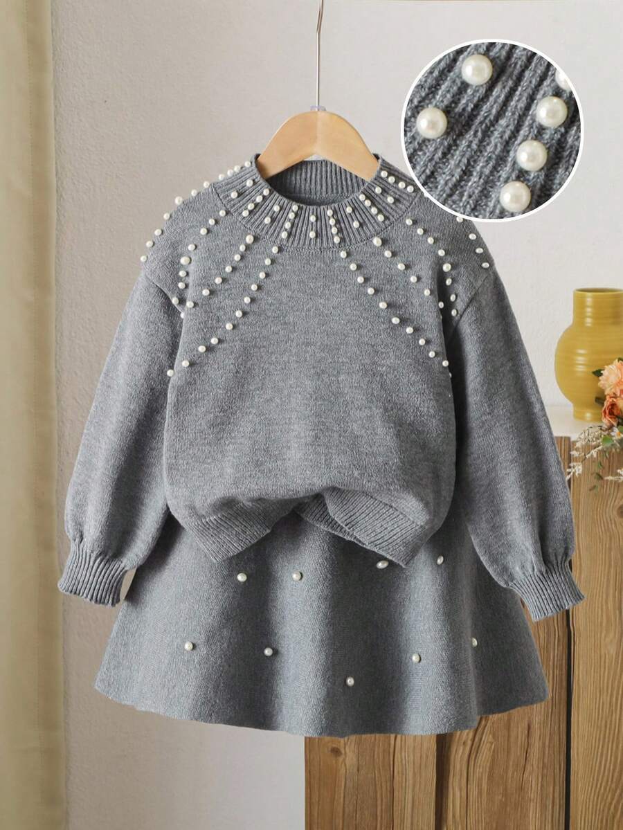 LMoss Kids 2件套少女纯色圆领修身毛衣和迷你裙 - 灰色 - 查看 1