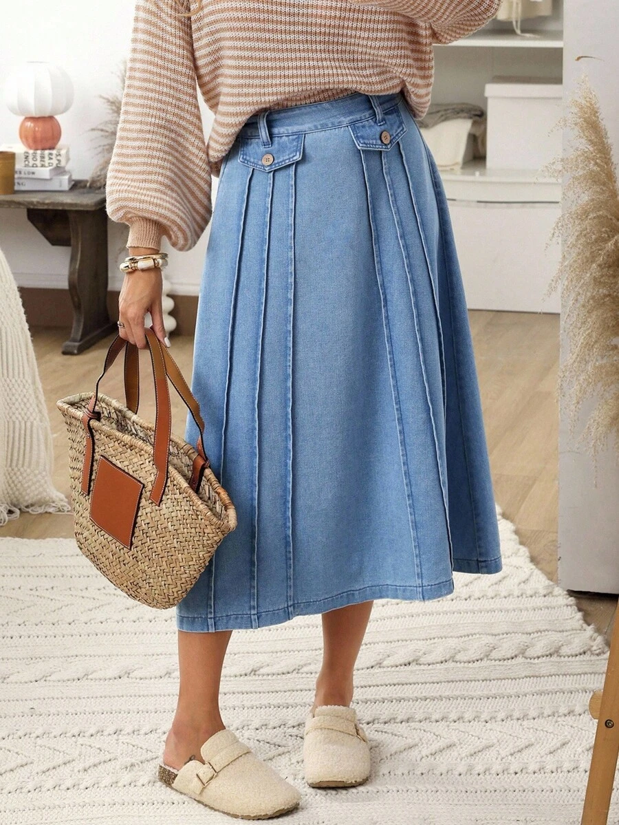 EMERY ROSE Women's Casual Washed Denim Skirt,New Romantic Pleated Denim Skirt For Autumn And Winter, Suitable For Dating And Daily Wear - Blue - View 1