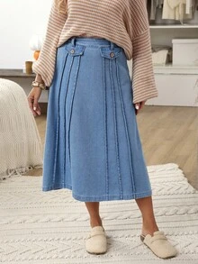 EMERY ROSE Women's Casual Washed Denim Skirt,New Romantic Pleated Denim Skirt For Autumn And Winter, Suitable For Dating And Daily Wear - Blue - View 3
