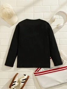 Explorewe Tween Boy Casual Cartoon Astronaut Skateboard Print Crew Neck Long Sleeve T-Shirt Fall Winter - Black - View 2