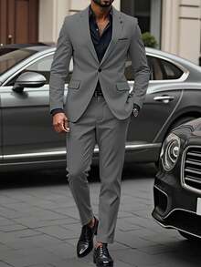 Manfinity Mode 男士纯色长袖夹克，时尚西装套装配长裤，适合夏季 - 深灰色 - 查看 3