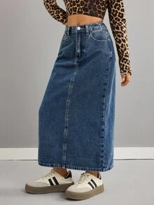 SHEIN Tween Girls Fashion Casual Y2k Vintage Cool Street Returns To School College Street Blue Denim Slit Washable Design Denim Skirt For Tween Girl Clothes Tween Girls Costume Dailywear And Tween Girl Winter And Fall Rave Outfits Festival And Outfits Streetwear School Clothes