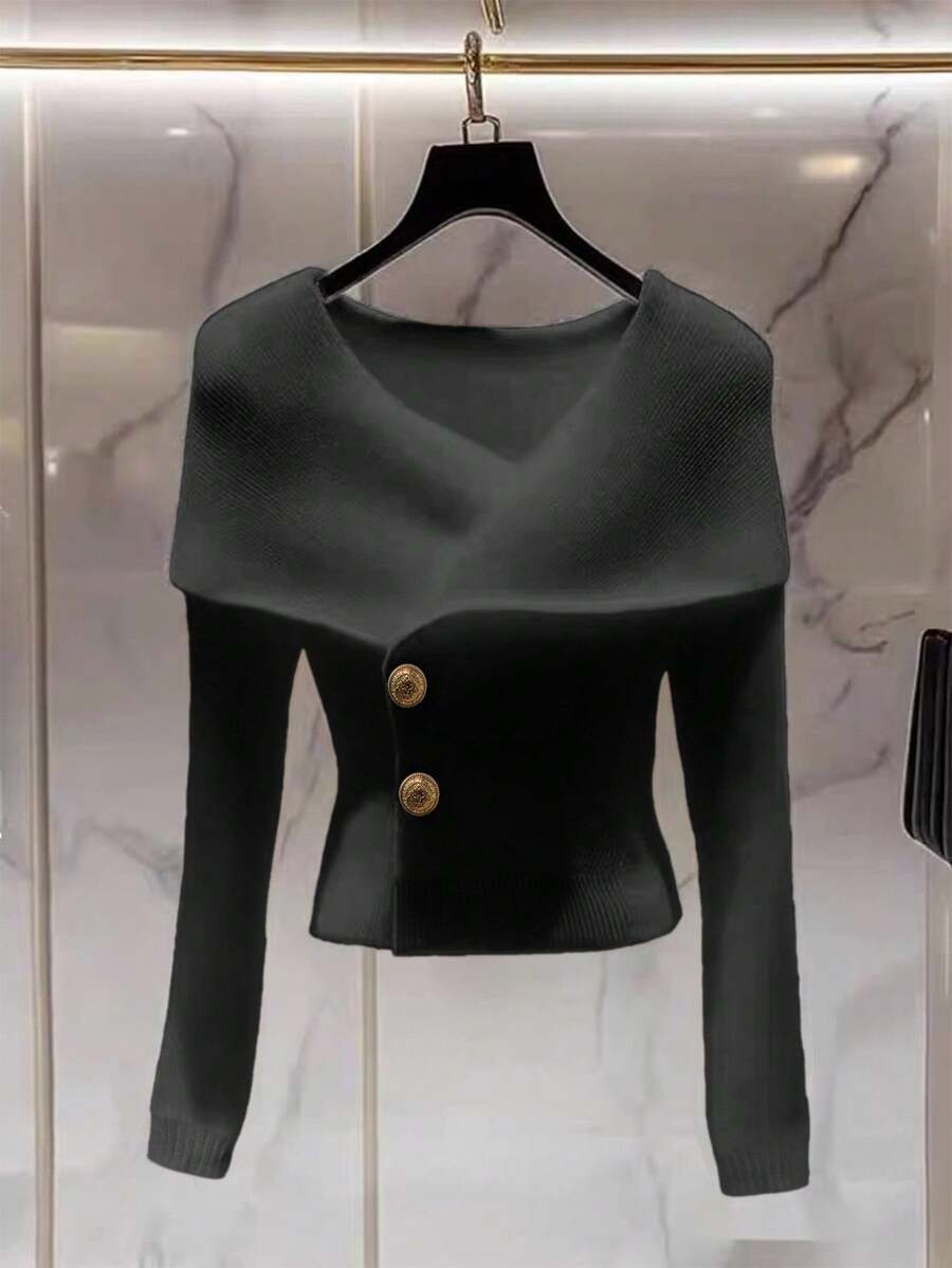 Franclia 女式简约时尚十字领纯色插肩袖金属纽扣修身开衫 - 黑色 - 查看 1