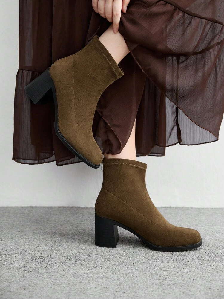 CUCCOO BIZCHIC Women's Fashion Elastic Ankle Boots, Square Toe Chunky Heel Design, Faux Suede Elastic Ankle Boots For Women, Back Zipper Minimalist Design, Versatile For Skirts, Jeans, Coats, Suitable For Autumn/Winter Outfits, Fashion Shows, Commuting, Stylish Women Ankle Boots