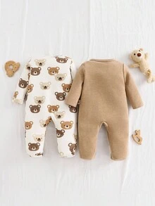 Cozy Pixies Newborn Baby Boy Cartoon Bear Pattern Knitted Soft Crew Neck Long Sleeve Footie & Pants 2 Pieces Set Fall Winter