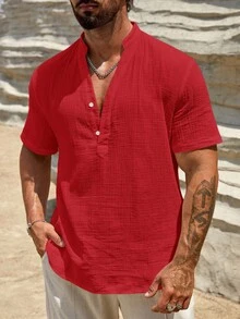 HIMLAND Men's Loose Solid Color Notch Collar Button Casual Short Sleeve Shirt Men Linen Shirts Men Summer Button Shirts Short Sleeve Men Shirt Big And Tall Men Henley Shirts Men Summer Top