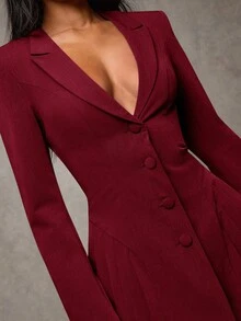 SHEIN BAE Women's Elegant Solid Color Ruffled Hem Blazer For Autumn - Burgundy - View 7