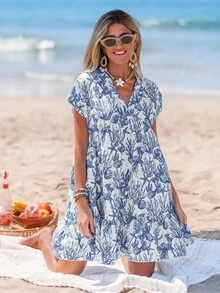 Sylviya Váy ngắn mùa hè cổ chữ V họa tiết vỏ sò và bãi biển thường ngày cho nữ để mặc hàng ngày - Xanh và trắng - Xem 4