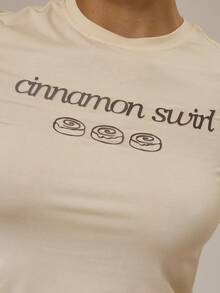 Musera Sport Graphic Print Fitted Short Sleeve Baby Tee Gym Active Sports Workout Cute Cinnamon Swirl Graphic Tee - Cream - View 6