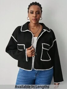 SHEIN Tall CURVE Plus Size Women Flower Trim Drop Shoulder Long Sleeve Casual Jacket, Autumn/Winter - Black and White - View 1
