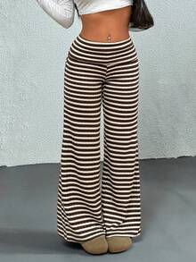 SHEIN PETITE 女士休闲条纹翻边高腰阔腿裤，秋冬保暖针织裤 - 咖啡棕 - 查看 3