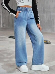 青少年女孩宽松水洗蓝色牛仔阔腿牛仔裤，休闲百搭，适合日常穿着和上学 - 中等水洗藍 - 查看 4