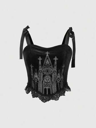 Goth Damen Mode Punk Spitzenbesatz bedrucktes Trägerhemd