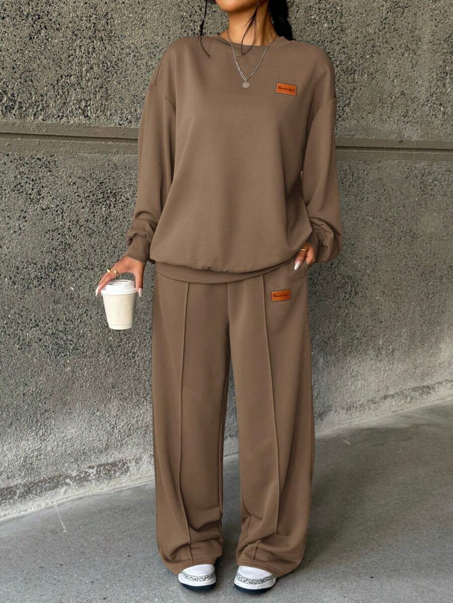 SHEIN 少女两件套：宽松圆领针织衫和阔腿裤，休闲家居服和日常穿着 - 棕色 - 查看 1