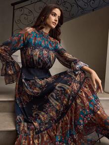 ZEYLAH Vestido romântico com estampa floral e babados na bainha - Multicolorido - Ver 1