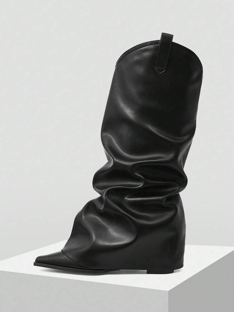 WOMEN'S POINTED TOE RUCHED RIDING BOOTS, FASHION MID-CALF BOOTS FOR AUTUMN/WINTER