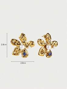 Glisma 18K镀金复古不锈钢花朵锆石穿孔耳环 - 金黃色 - 查看 6