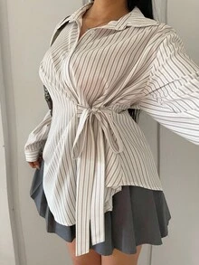 Vibekara 休闲优雅简约系带腰部办公室女士前开襟衬衫，大码，初秋 - 杏色 - 查看 5