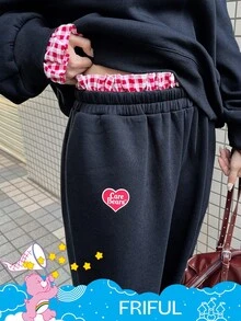 SHEIN X Care Bears FRIFUL 2件套女士格子拼接宽松加厚二合一卫衣和阔腿裤套装