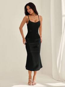 SHEIN PETITE Women's Solid Color Spaghetti Strap Fitted Dress With Ruffle Hem And 3D Floral Decor - Black - View 5