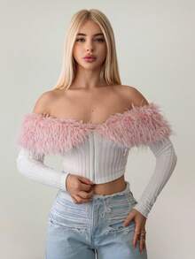 Sweetina Women's Fall/Winter Elegant Fur Collar Splice Off Shoulder Jacket, Autumn - Black - View 5