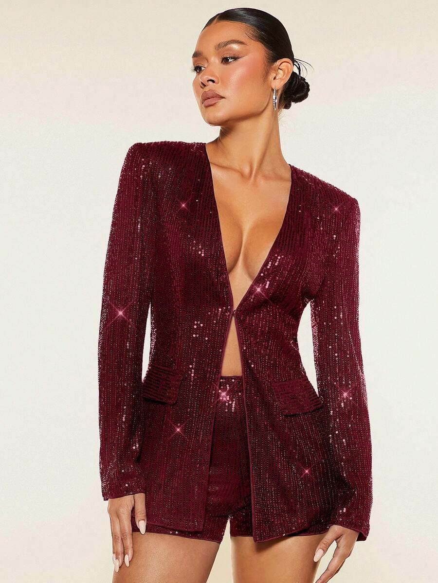 SHEIN BAE 女式黑色亮片西装外套,适合跨年秋冬女士服装 - 酒紅色 - 查看 1